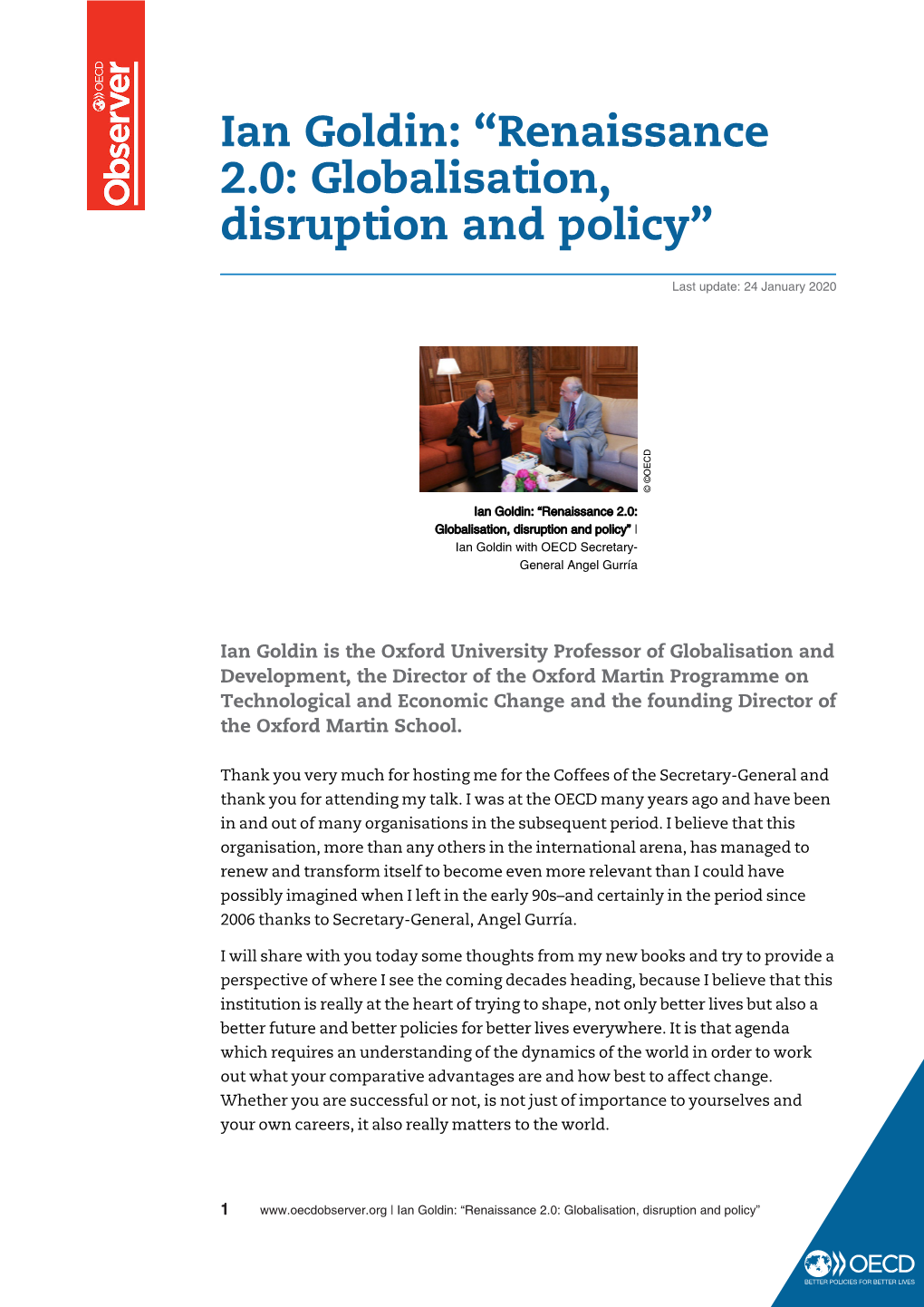 Ian Goldin: “Renaissance 2.0: Globalisation, Disruption and Policy”