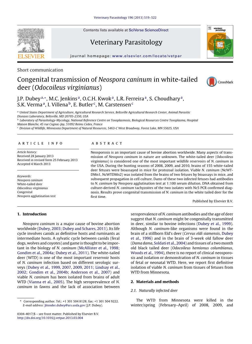 Congenital Transmission of Neospora Caninum in White-Tailed Deer (Odocoileus Virginianus)