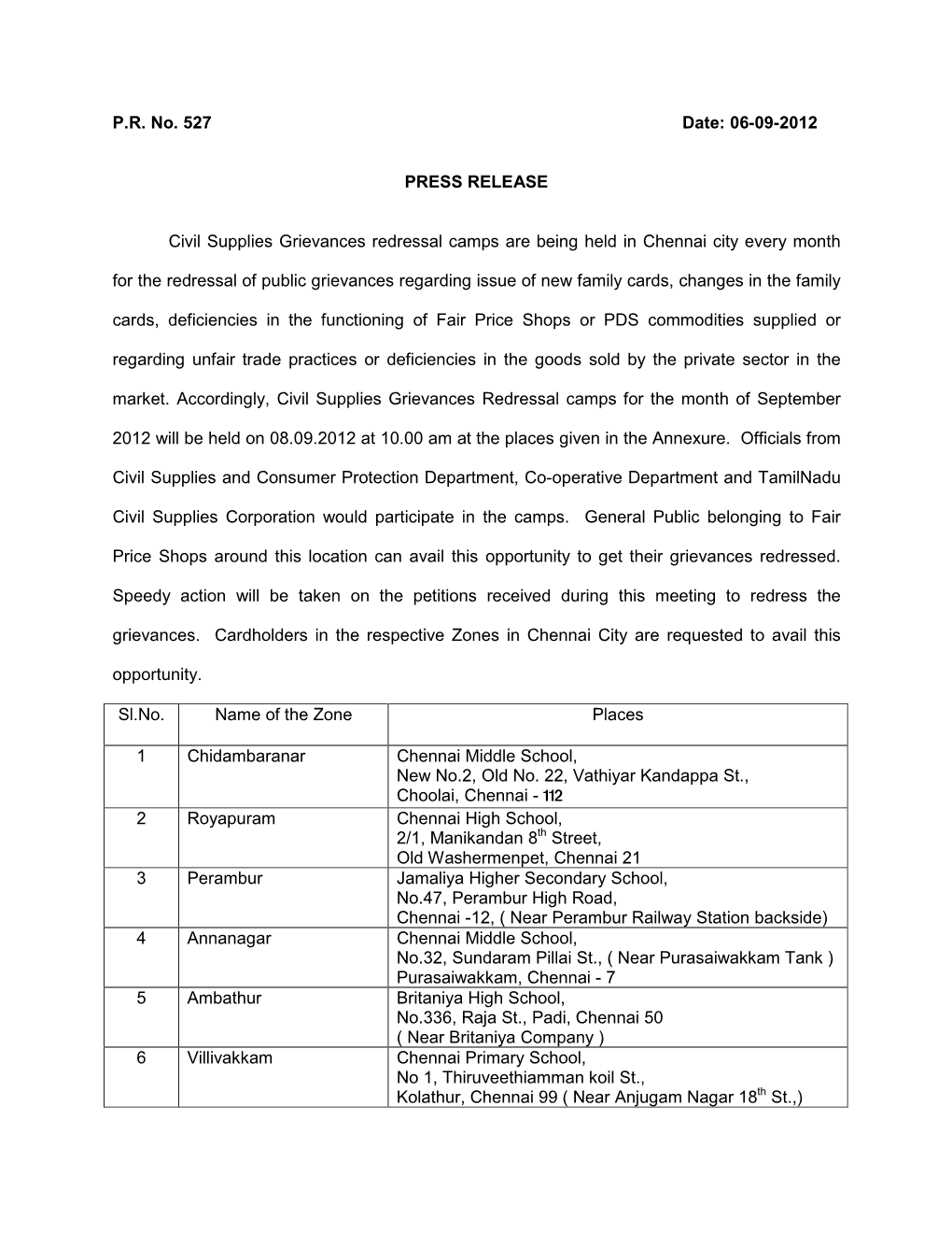 P.R. No. 527 Date: 06-09-2012 PRESS RELEASE Civil Supplies