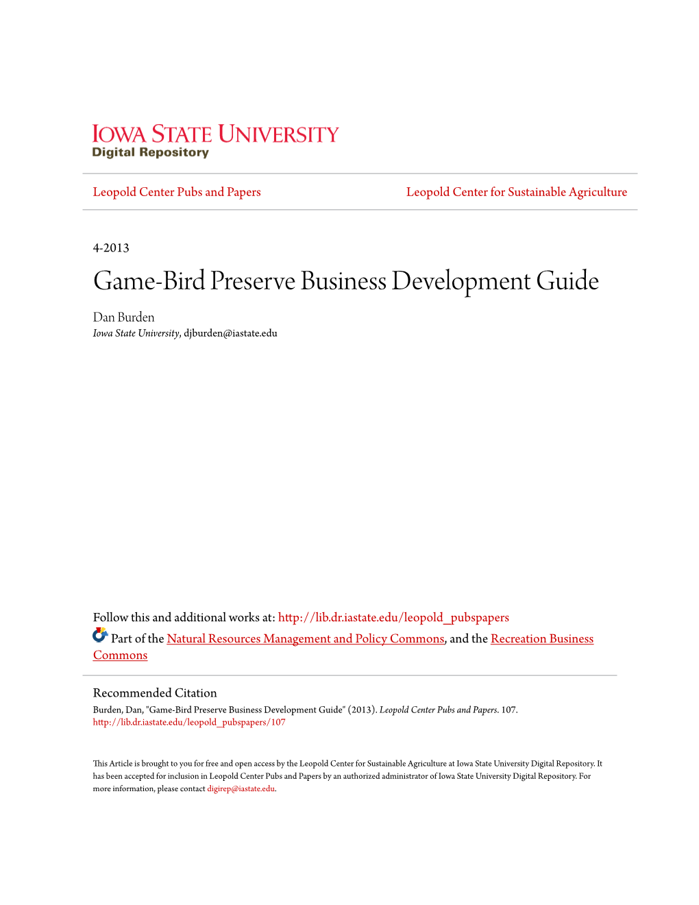 Game-Bird Preserve Business Development Guide Dan Burden Iowa State University, Djburden@Iastate.Edu