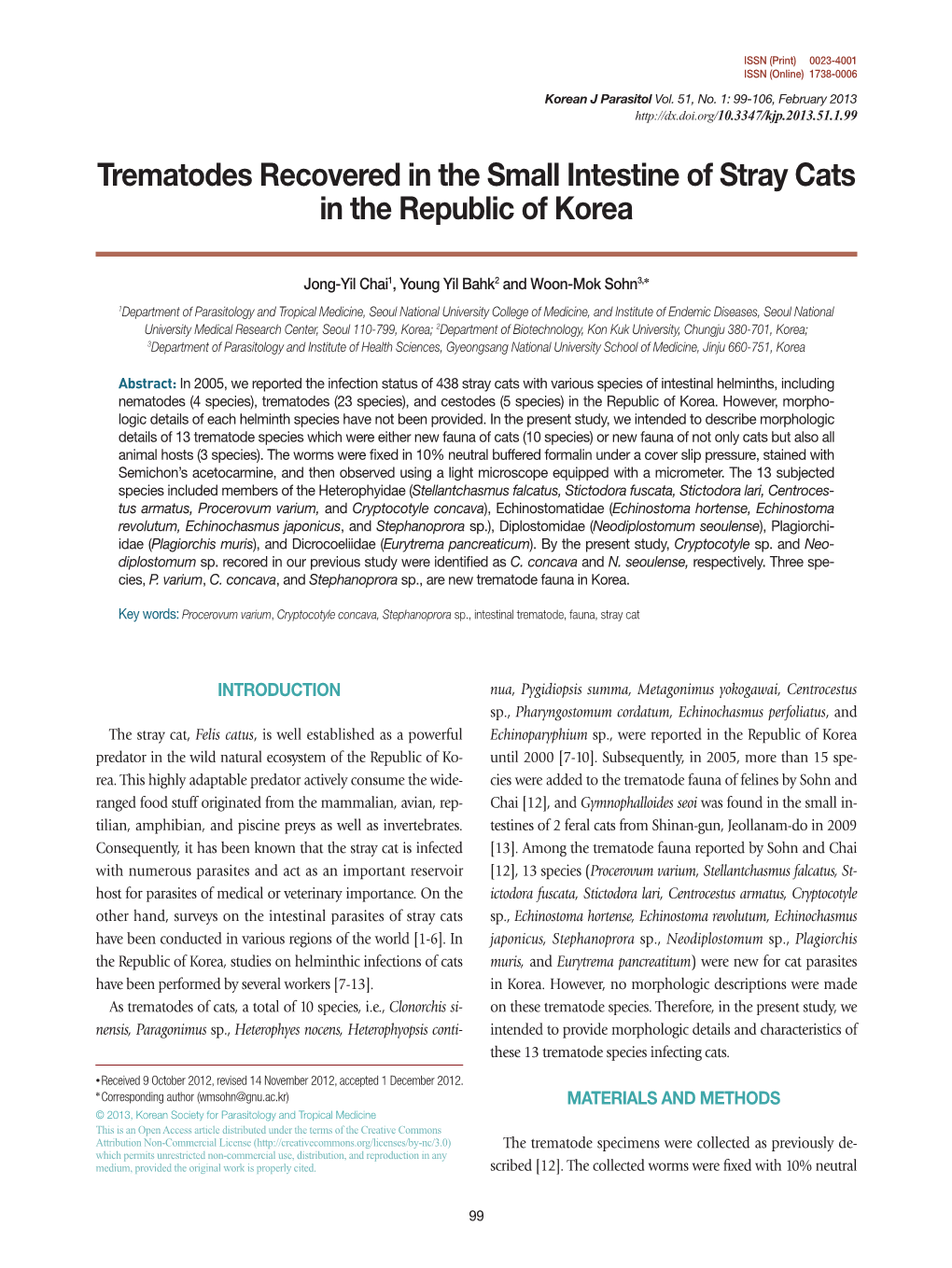 Trematodes Recovered in the Small Intestine of Stray Cats in the Republic of Korea