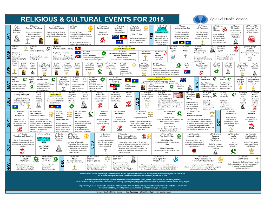 Religious & Cultural Events for 2018