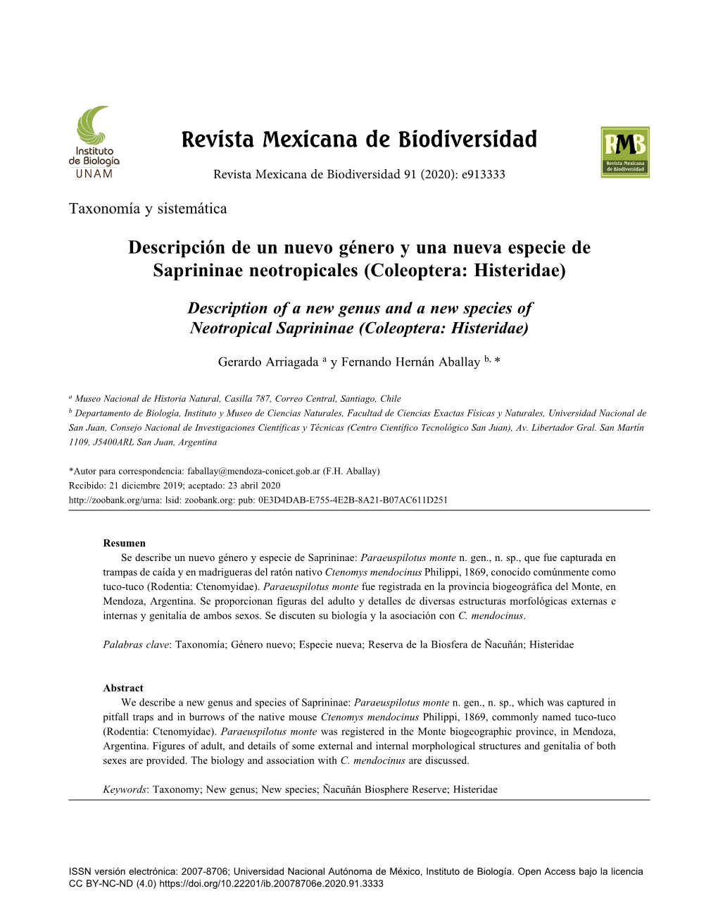 Descripción De Un Nuevo Género Y Una Nueva Especie De Saprininae Neotropicales (Coleoptera: Histeridae)