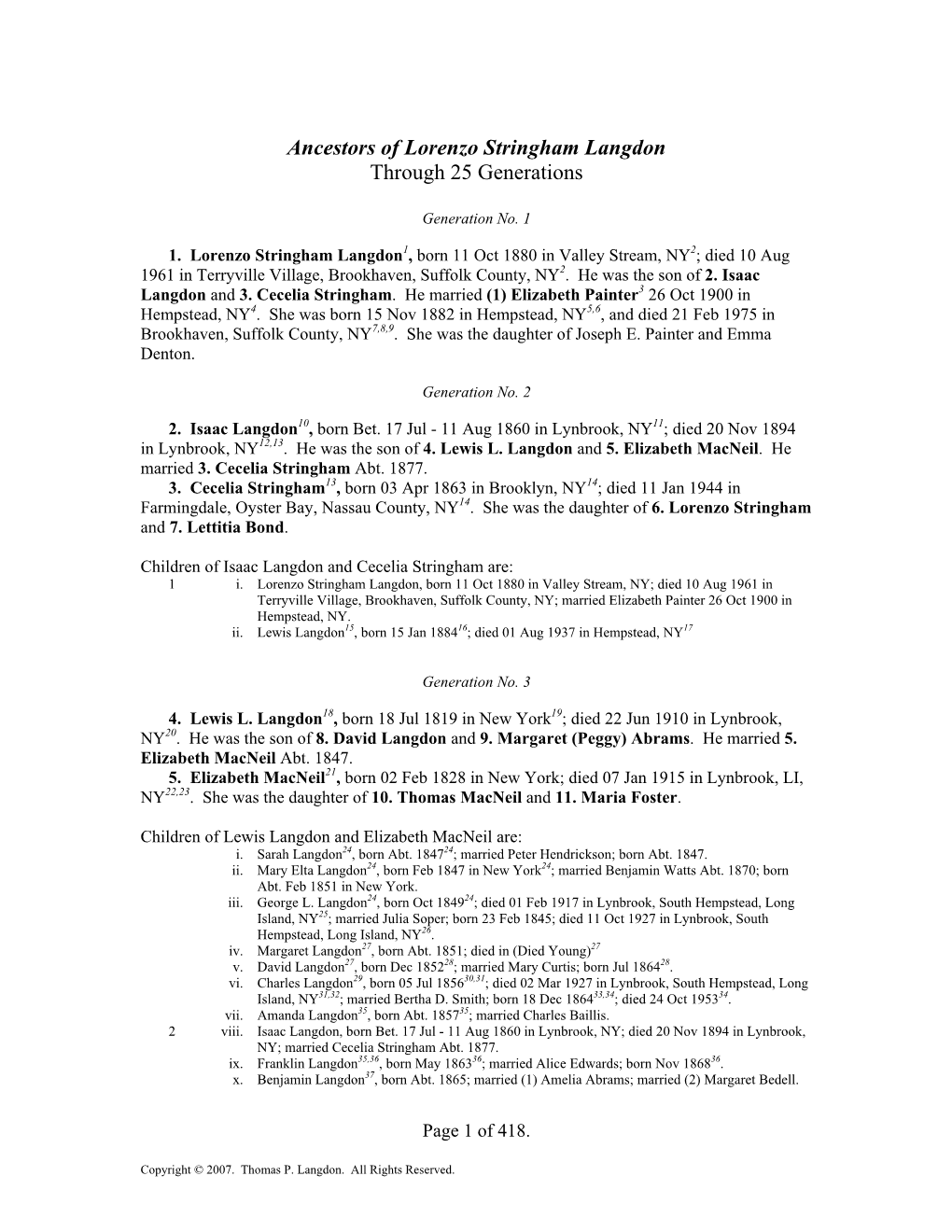 Ancestors of Lorenzo Stringham Langdon Through 25 Generations