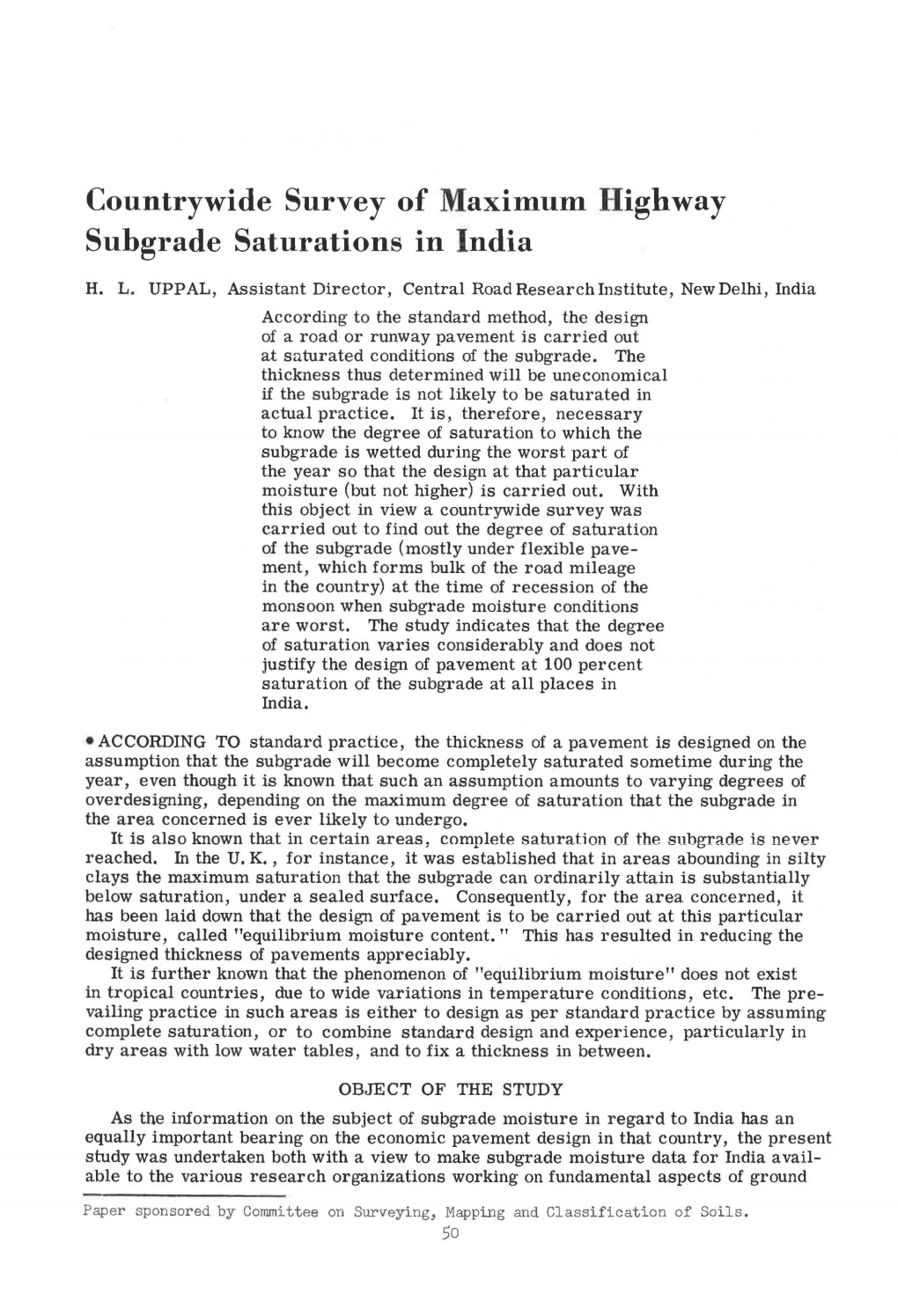 Countrywide Survey of Maximum Highway Suhgrade Saturations in India