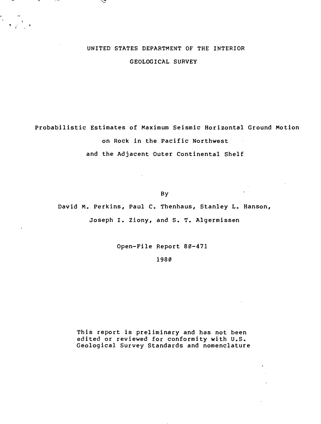 Probabilistic Estimates of Maximum Seismic Horizontal Ground Motion on Rock in the Pacific Northwest and the Adjacent Outer Continental Shelf