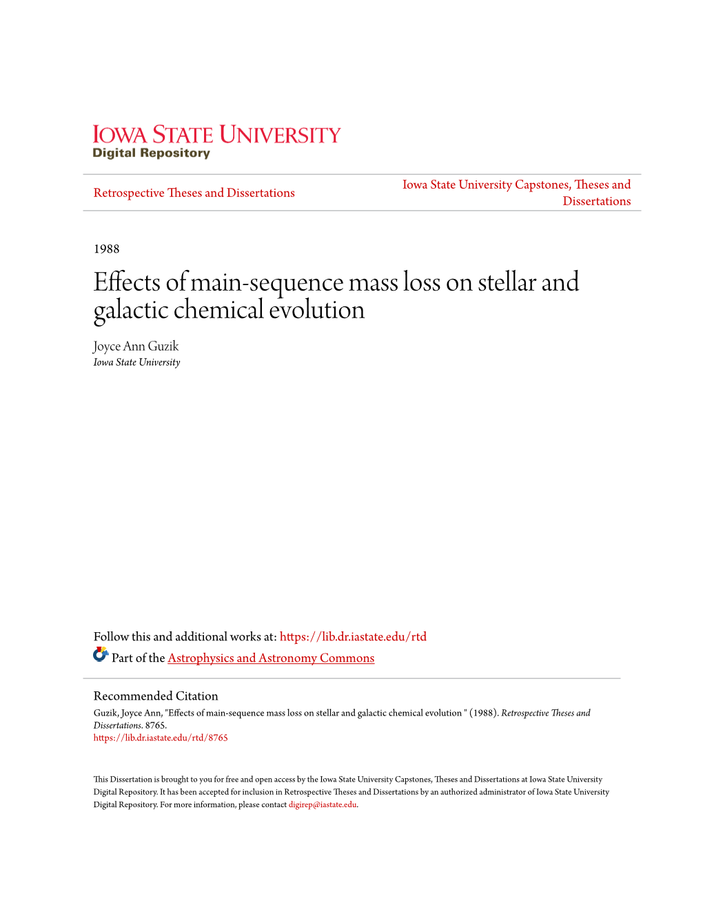 Effects of Main-Sequence Mass Loss on Stellar and Galactic Chemical Evolution Joyce Ann Guzik Iowa State University