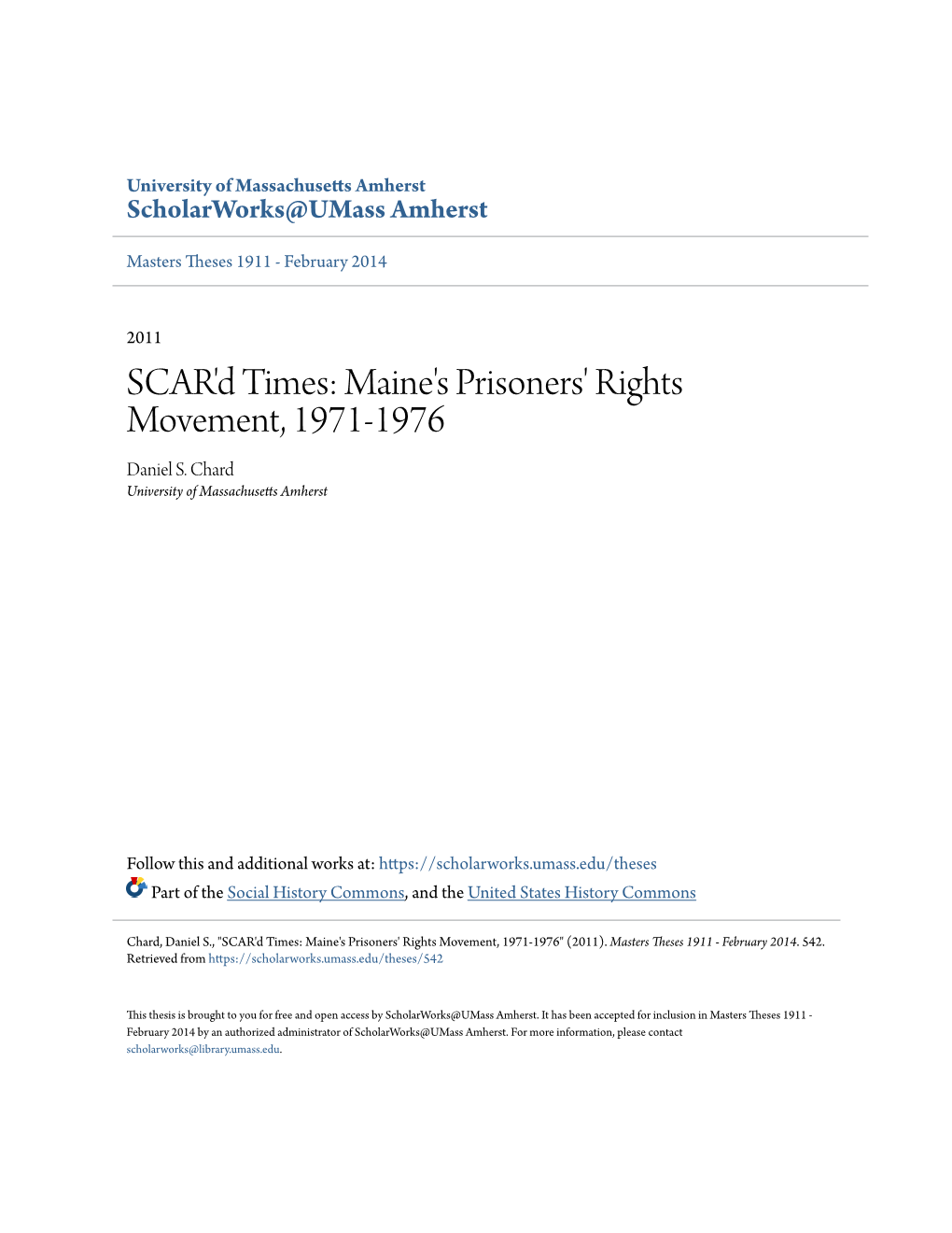 SCAR'd Times: Maine's Prisoners' Rights Movement, 1971-1976 Daniel S