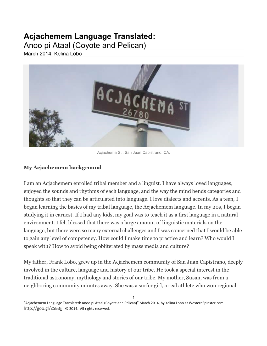 Acjachemem Language Translated: Anoo Pi Ataal (Coyote and Pelican) March 2014, Kelina Lobo