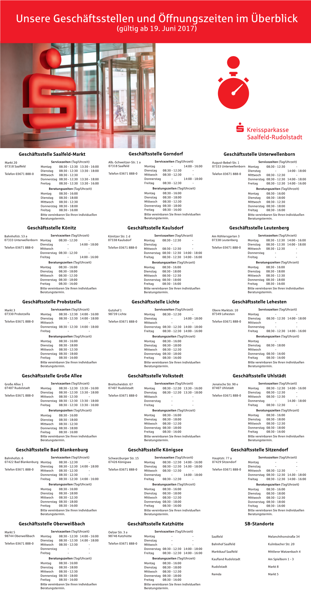 Unsere Geschäftsstellen Und Öffnungszeiten Im Überblick (Gültig Ab 19