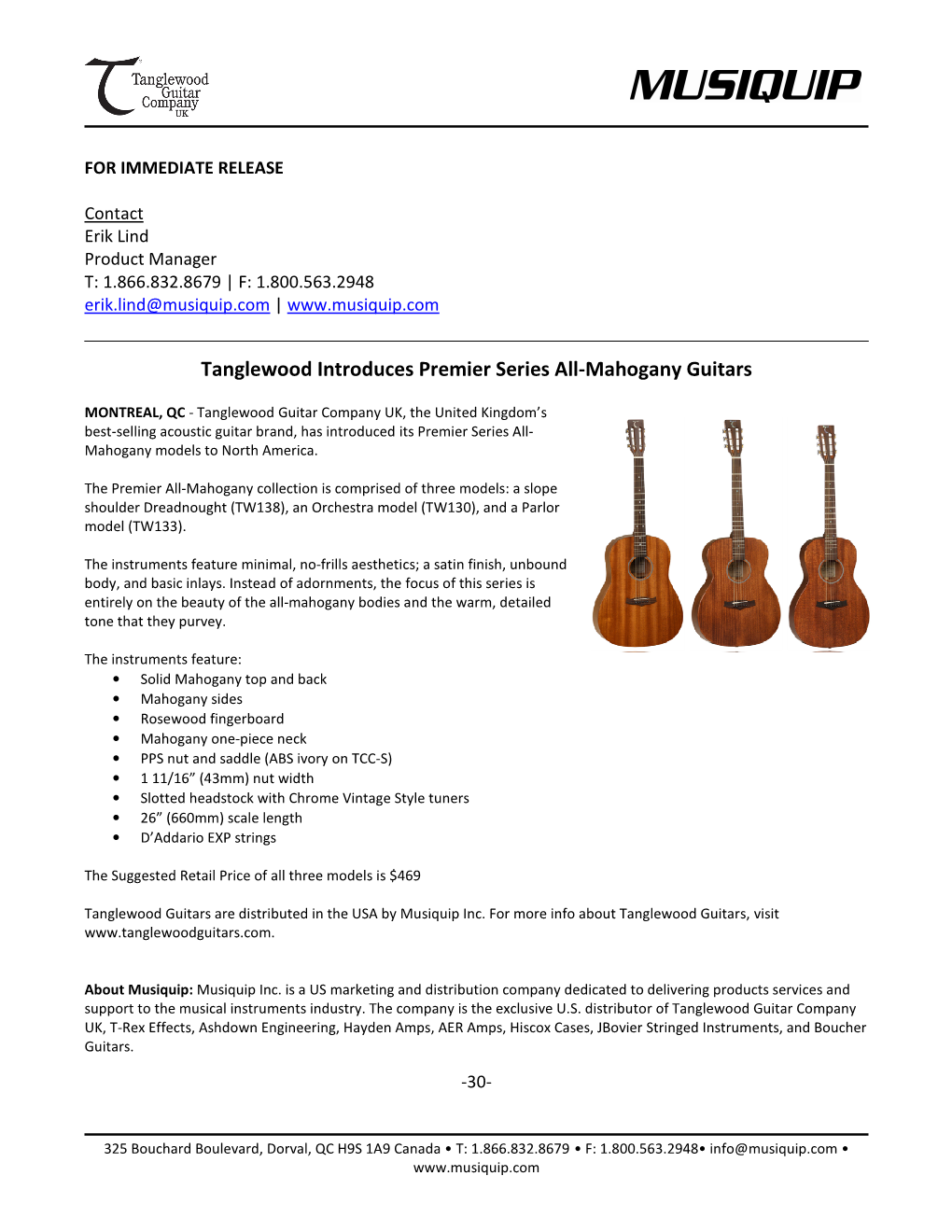 Tanglewood Introduces Premier Series All-Mahogany Guitars