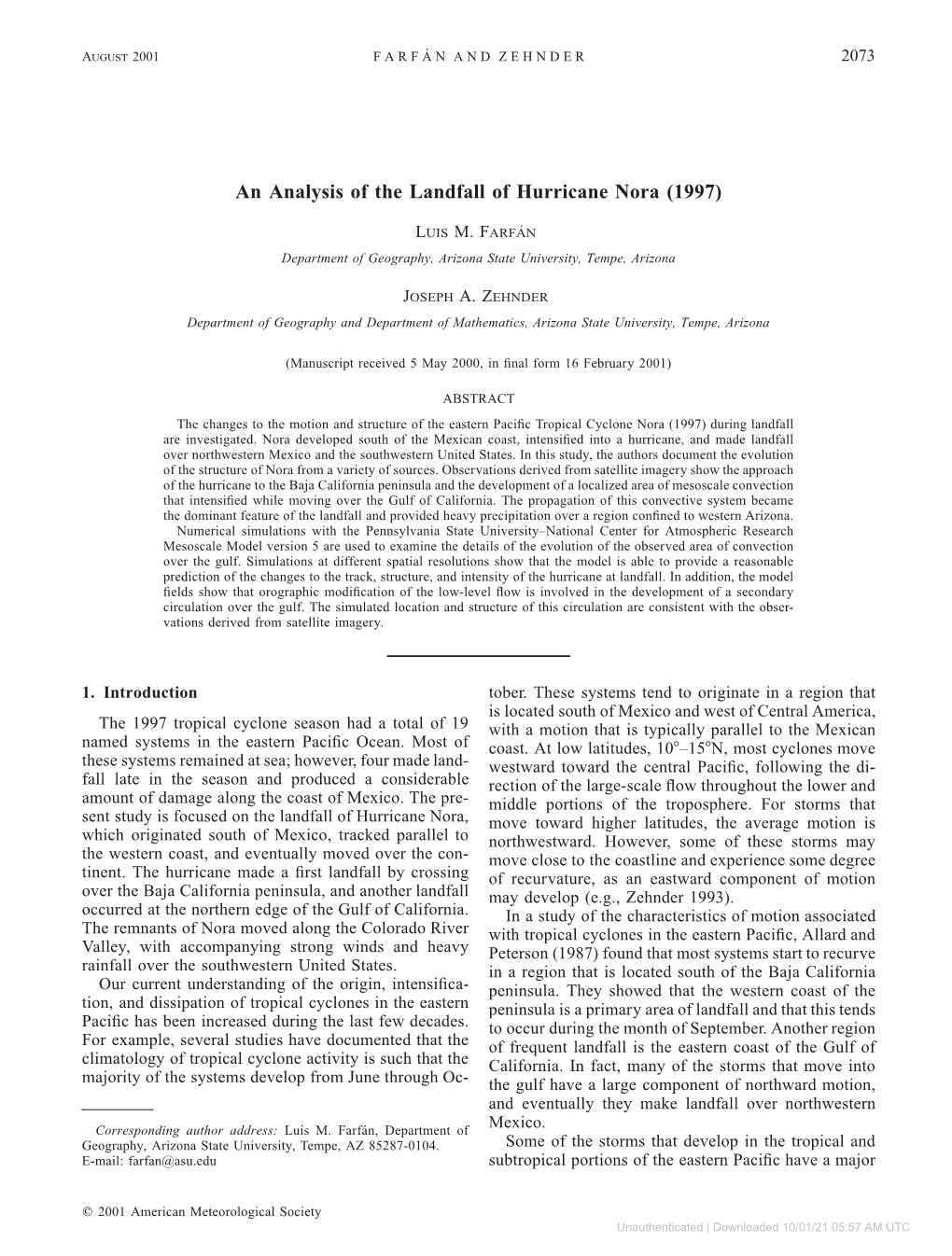 An Analysis of the Landfall of Hurricane Nora (1997)
