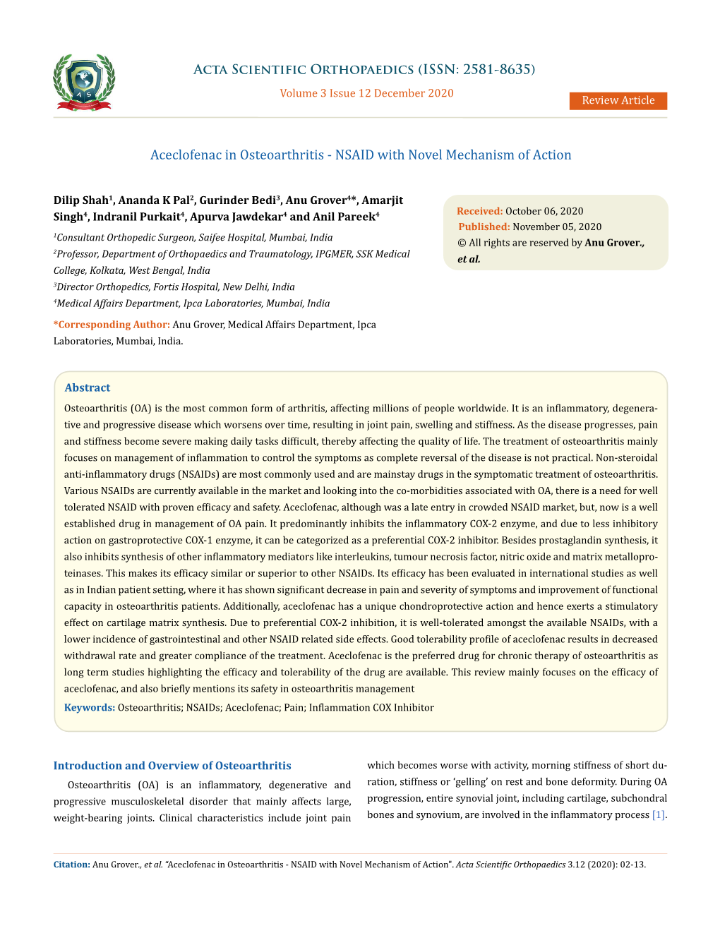 Aceclofenac in Osteoarthritis - NSAID with Novel Mechanism of Action