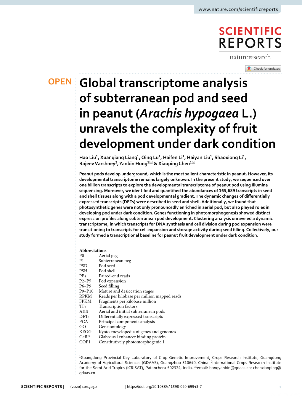 Global Transcriptome Analysis of Subterranean Pod and Seed in Peanut