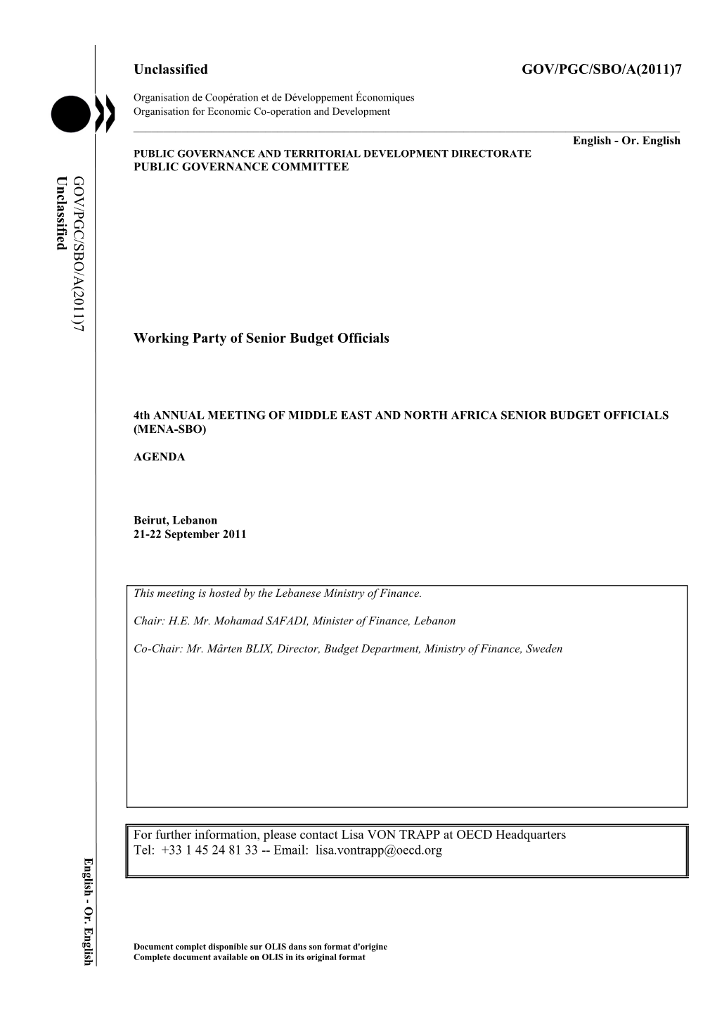 Unclassified GOV/PGC/SBO/A(2011)7 Working Party of Senior Budget Officials