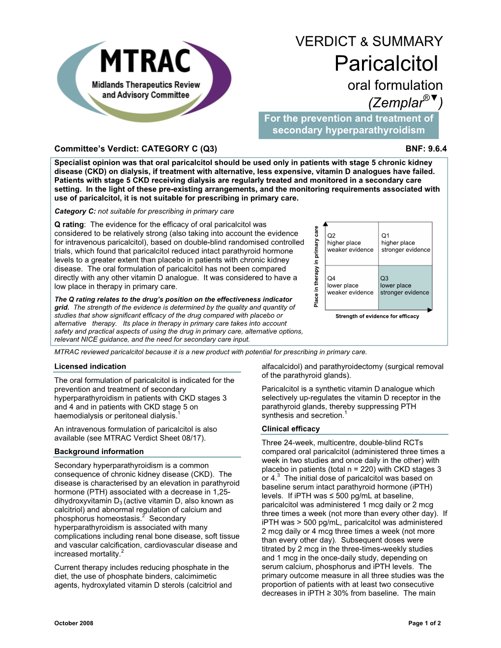 Paricalcitol Oral Formulation (Zemplar®▼)