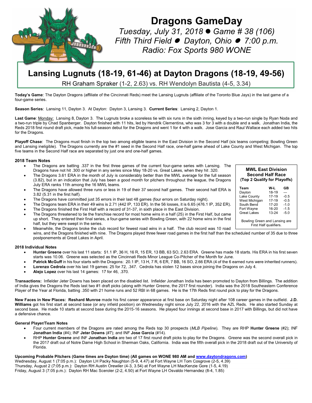 Dragons Gameday Tuesday, July 31, 2018  Game # 38 (106) Fifth Third Field  Dayton, Ohio  7:00 P.M