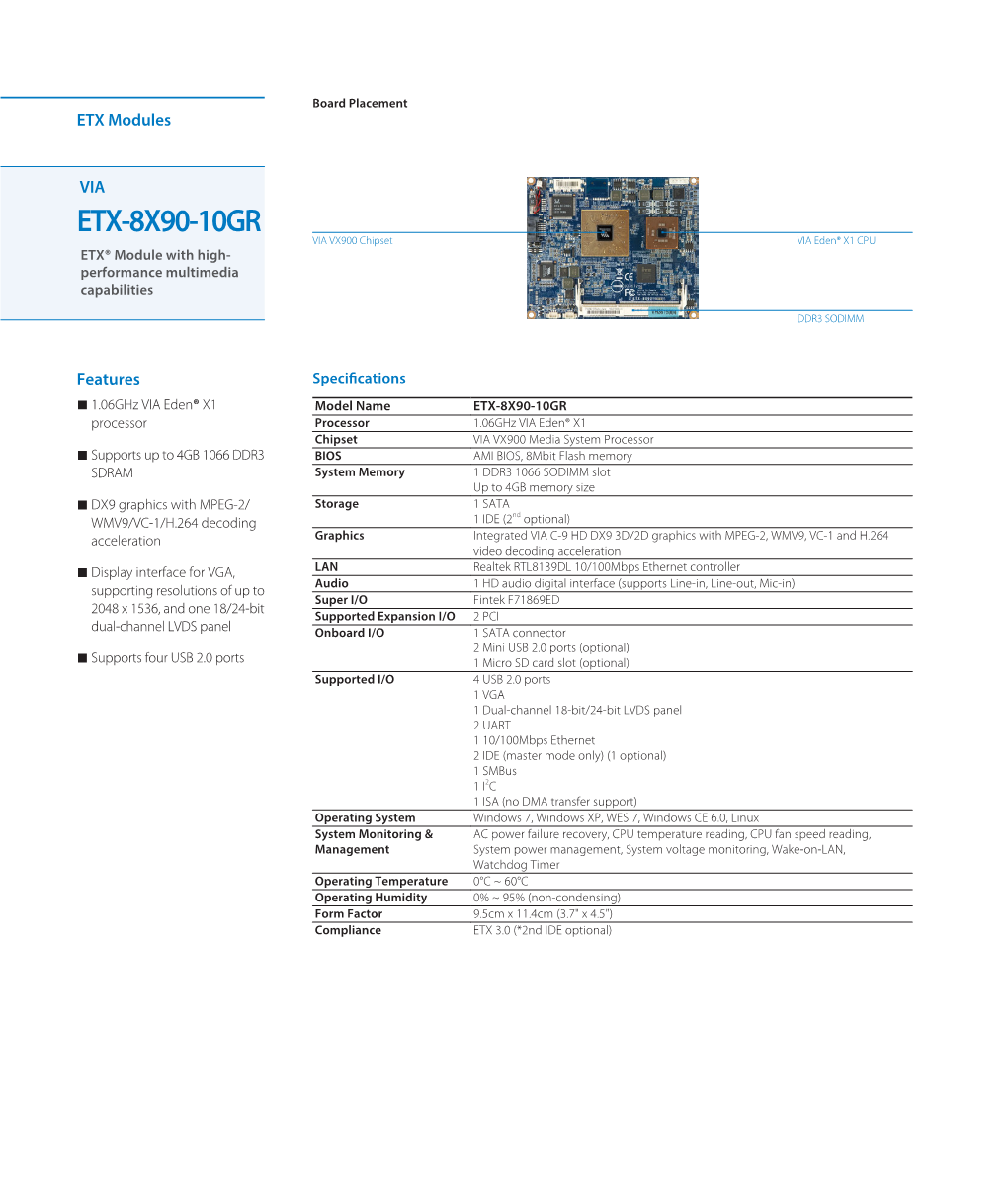 ETX-8X90-10GR VIA VX900 Chipset VIA Eden® X1 CPU ETX® Module with High- Performance Multimedia Capabilities