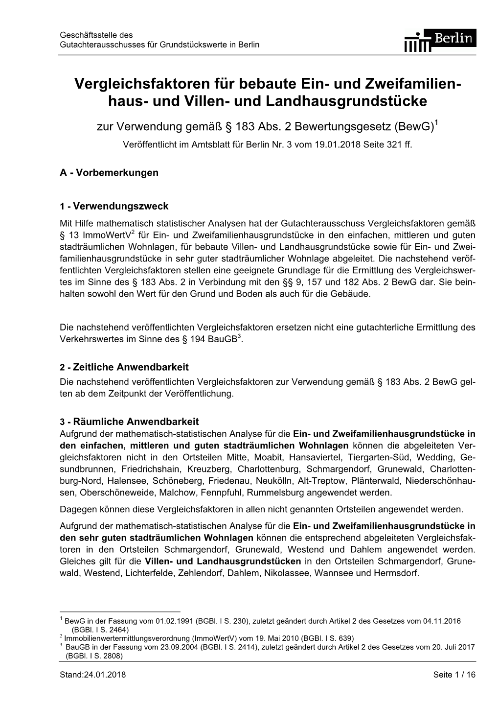 Vergleichsfaktoren Für Bebaute Ein- Und Zweifamilien- Haus- Und Villen- Und Landhausgrundstücke