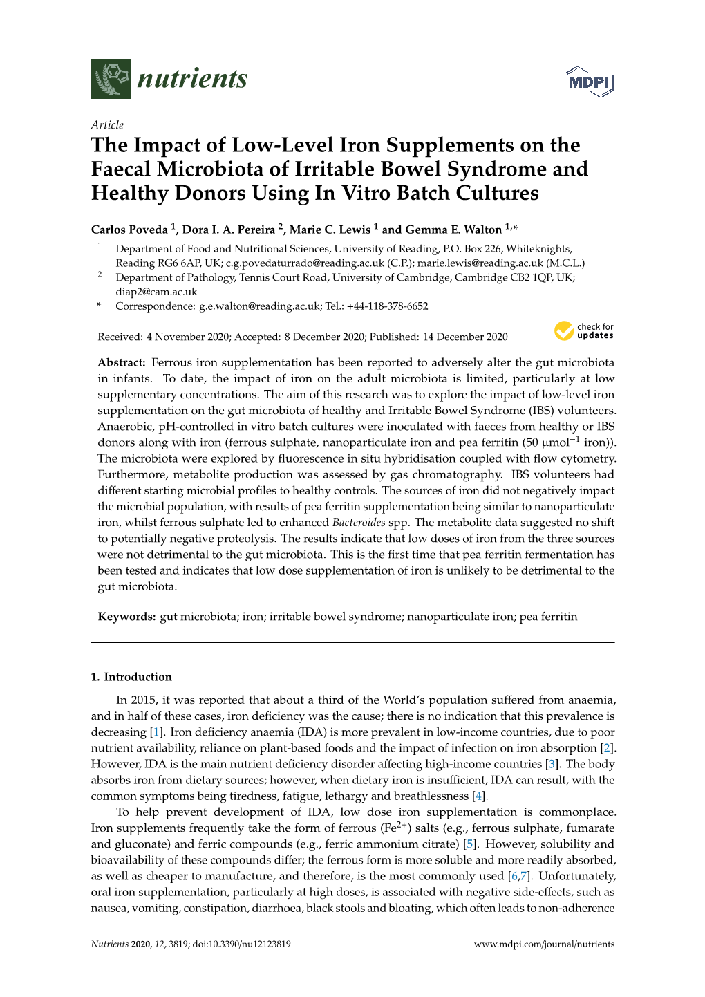 The Impact of Low-Level Iron Supplements on the Faecal Microbiota of Irritable Bowel Syndrome and Healthy Donors Using in Vitro Batch Cultures