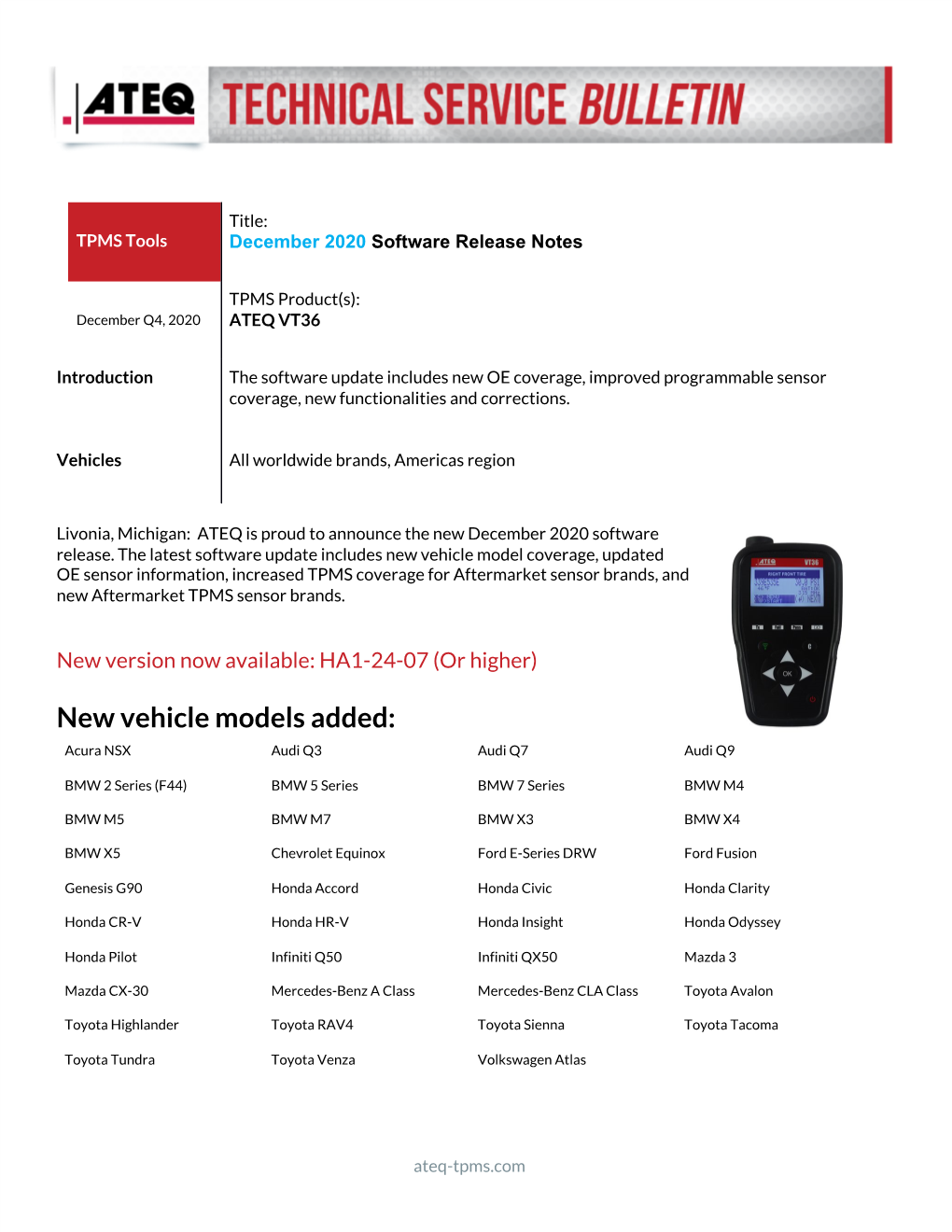 New Vehicle Models Added: Acura NSX Audi Q3 Audi Q7 Audi Q9