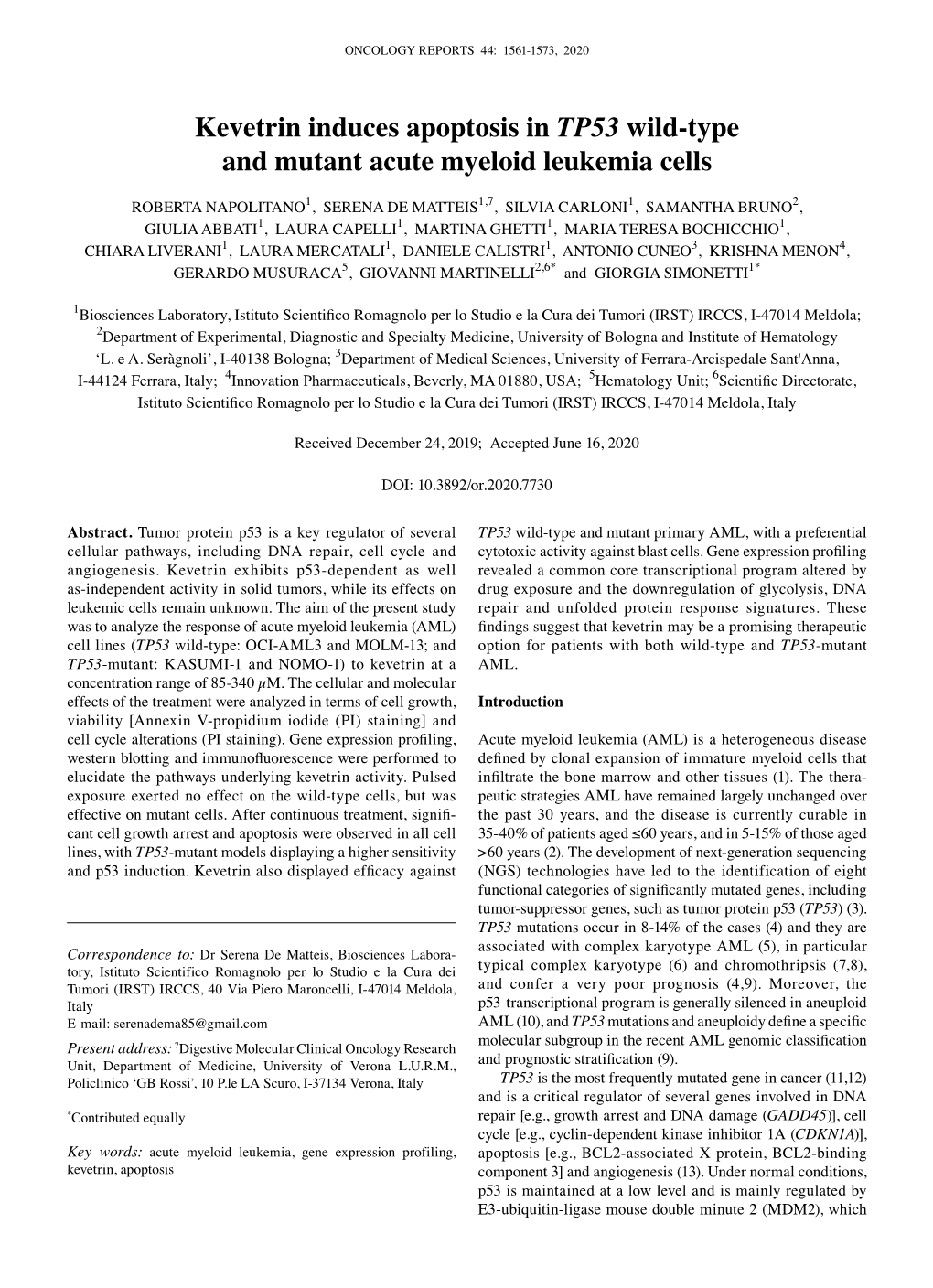 Kevetrin Induces Apoptosis in TP53 Wild‑Type and Mutant Acute Myeloid Leukemia Cells