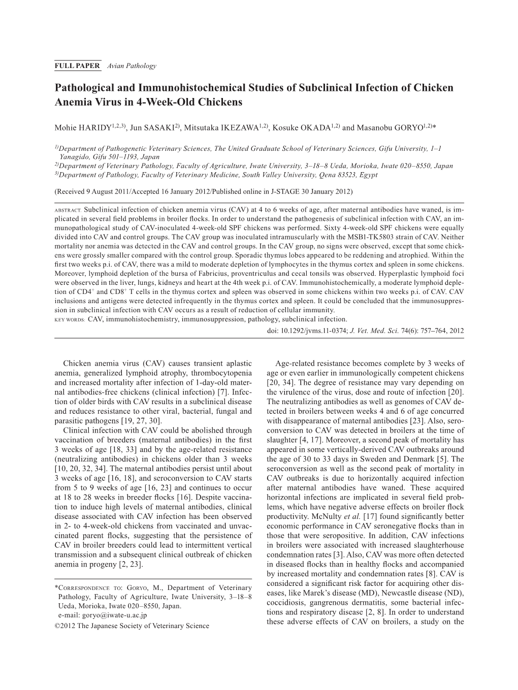 Pathological and Immunohistochemical Studies of Subclinical Infection of Chicken Anemia Virus in 4-Week-Old Chickens