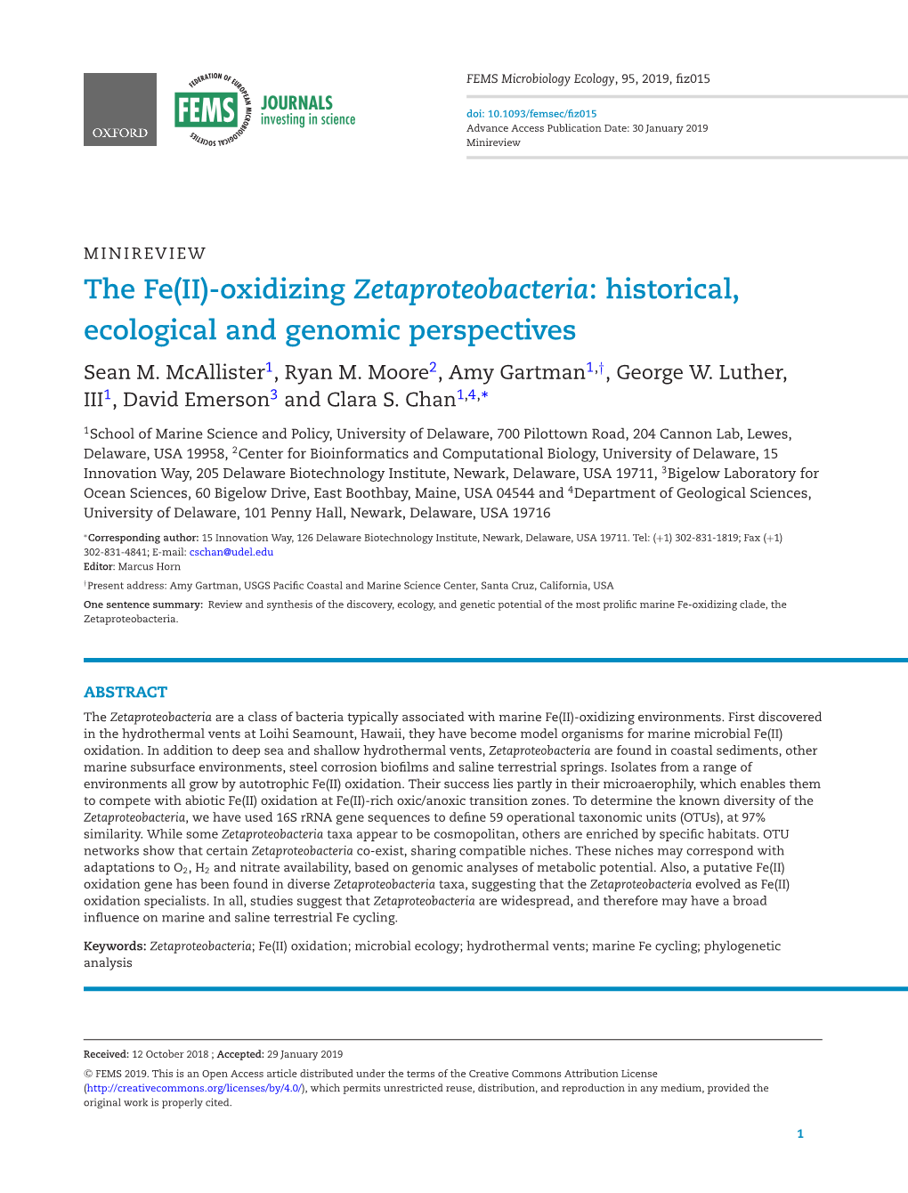 The Fe(II)-Oxidizing Zetaproteobacteria: Historical, Ecological and Genomic Perspectives Sean M