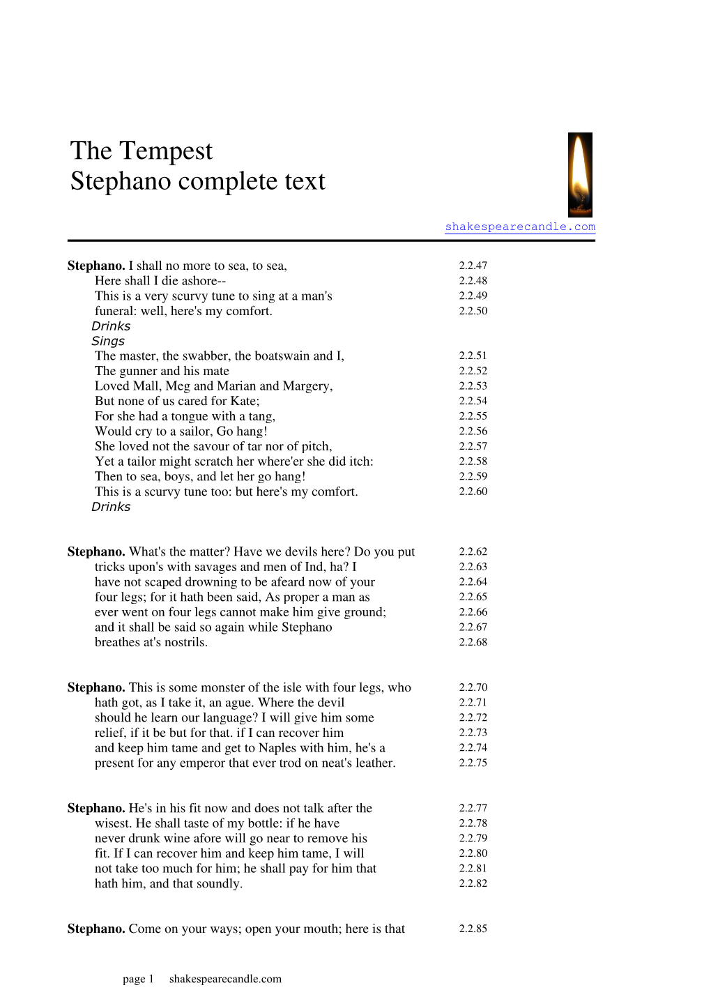 The Tempest Stephano Complete Text