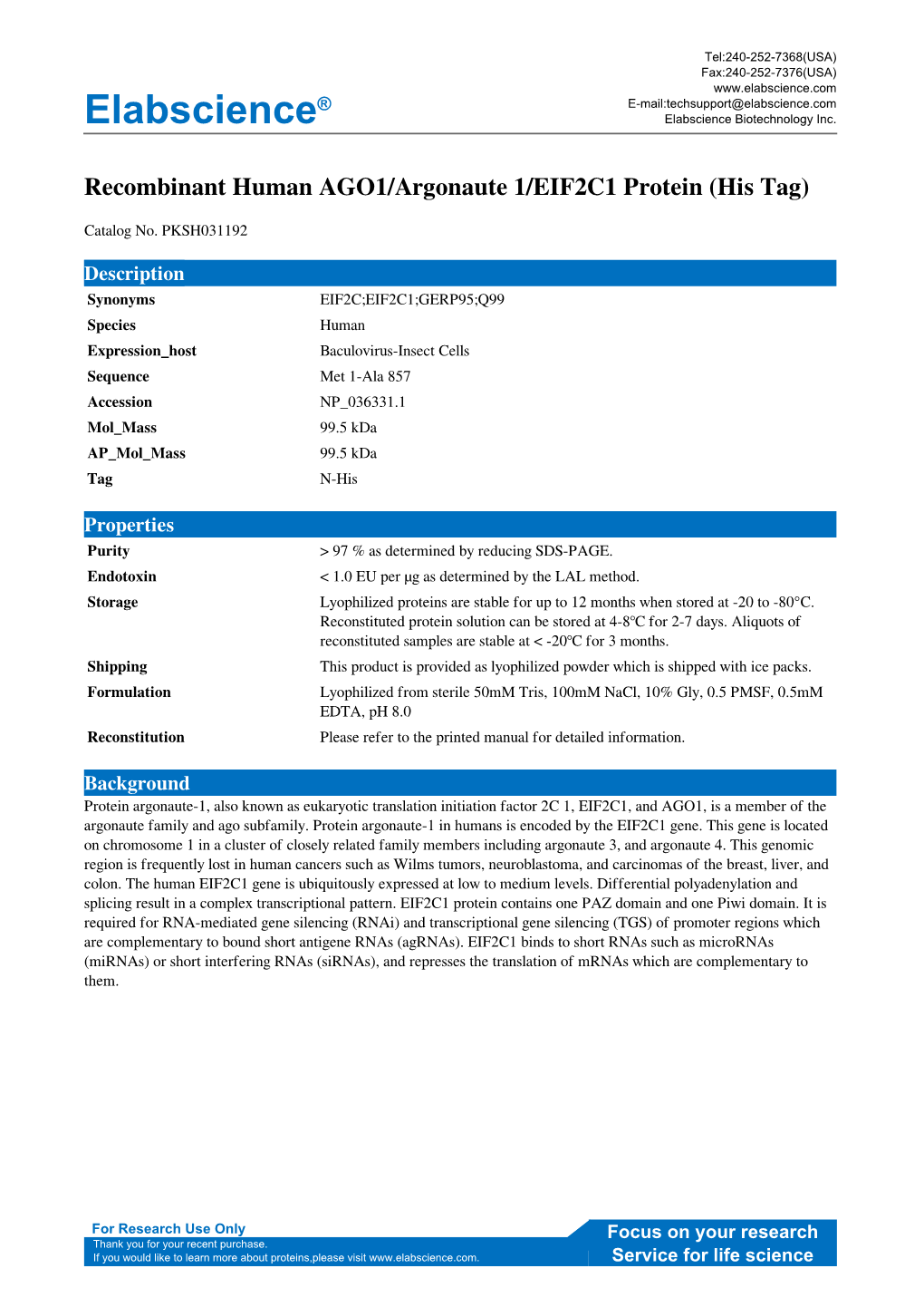 Elabscience® Recombinant Human AGO1/Argonaute 1/EIF2C1 Protein