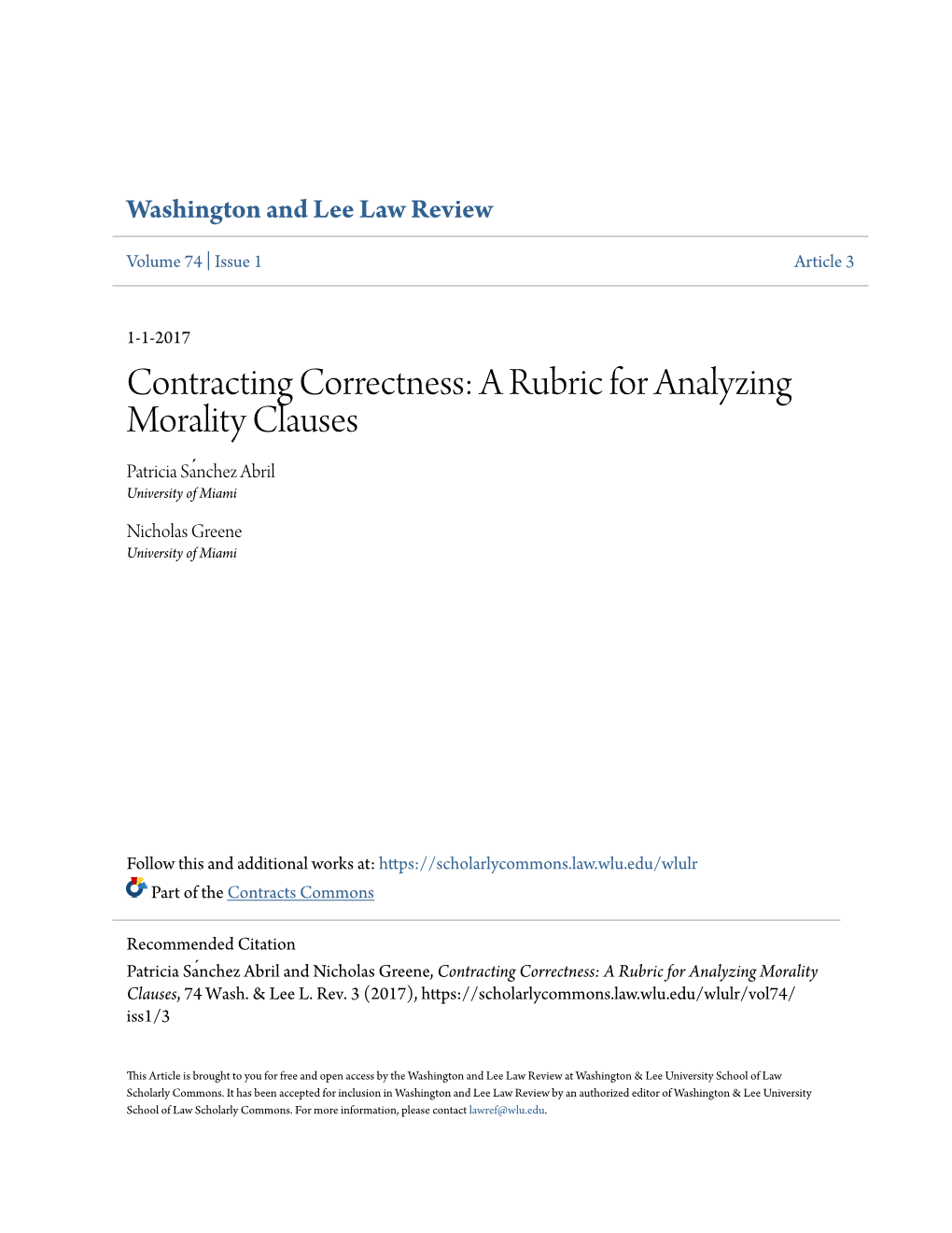 Contracting Correctness: a Rubric for Analyzing Morality Clauses Patricia Sanché Z Abril University of Miami