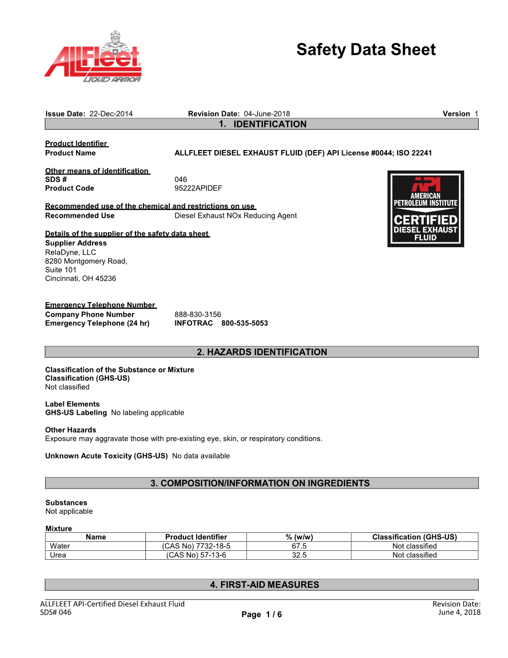 DIESEL EXHAUST FLUID (DEF) API License #0044; ISO 22241