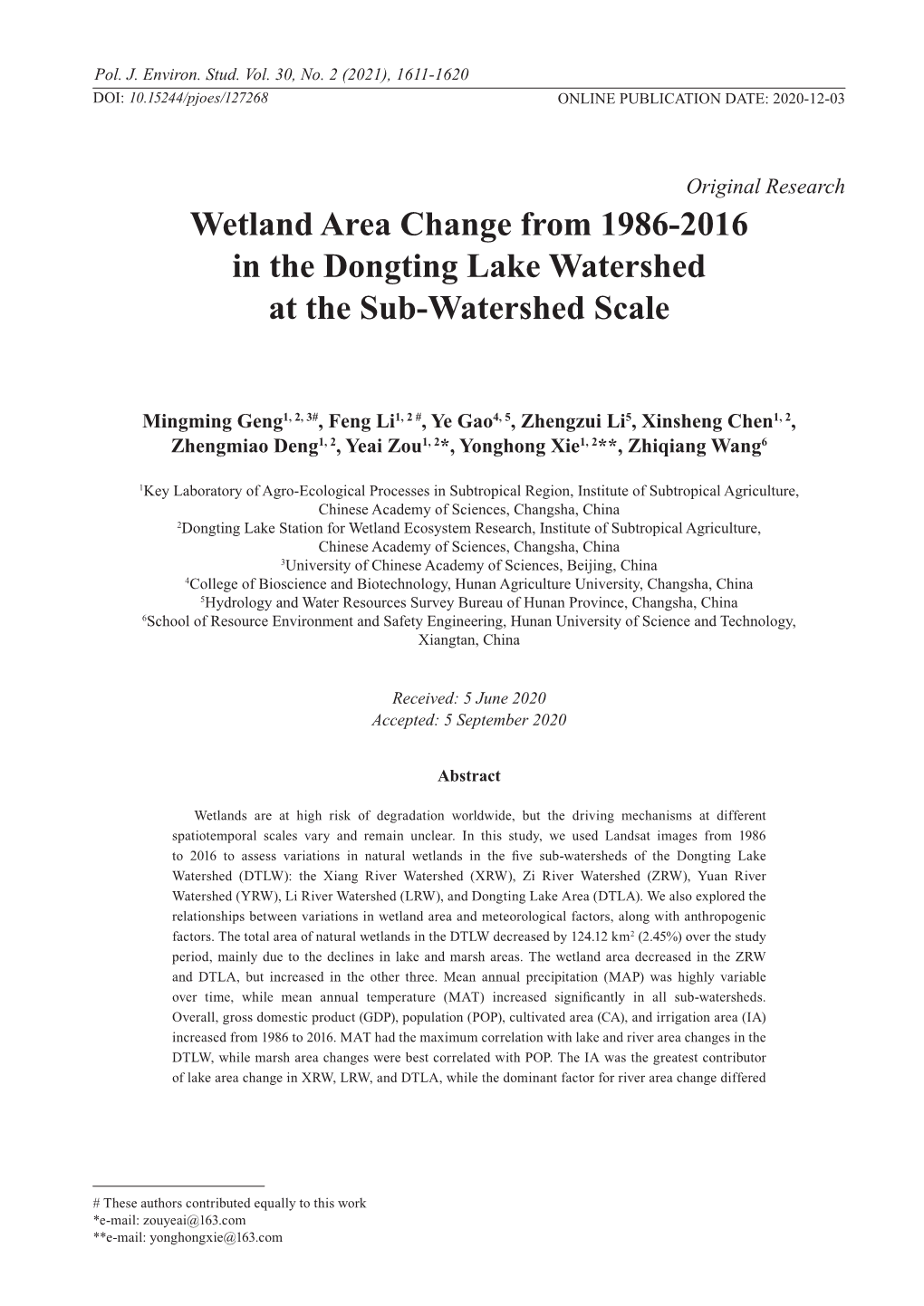 Wetland Area Change from 1986-2016 in the Dongting Lake Watershed at the Sub-Watershed Scale