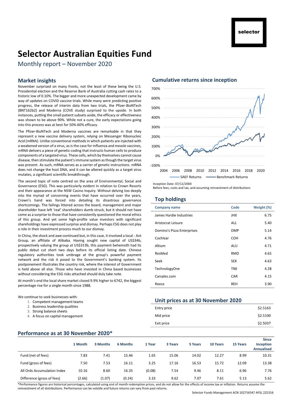 Selector Australian Equities Fund Monthly Report – November 2020