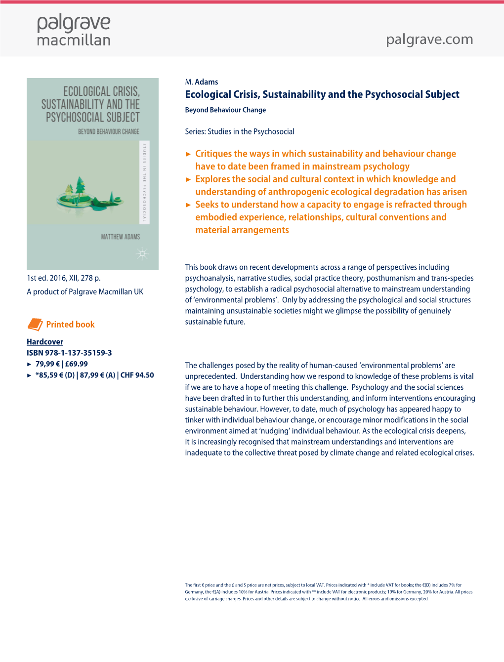 Ecological Crisis, Sustainability and the Psychosocial Subject Beyond Behaviour Change