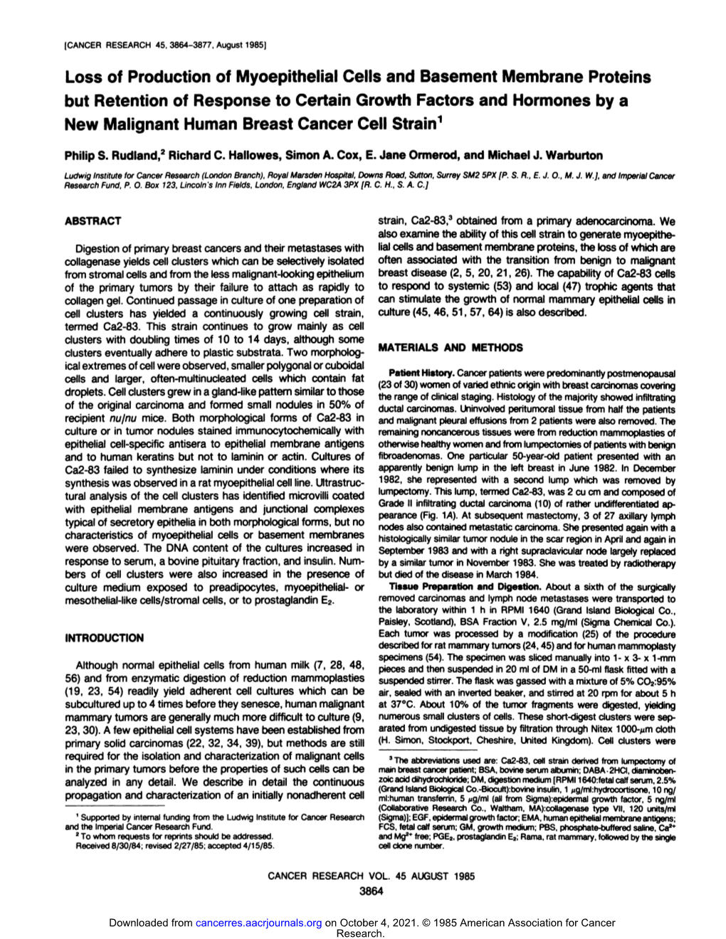 Loss of Production of Myoepithelial Cells and Basement Membrane