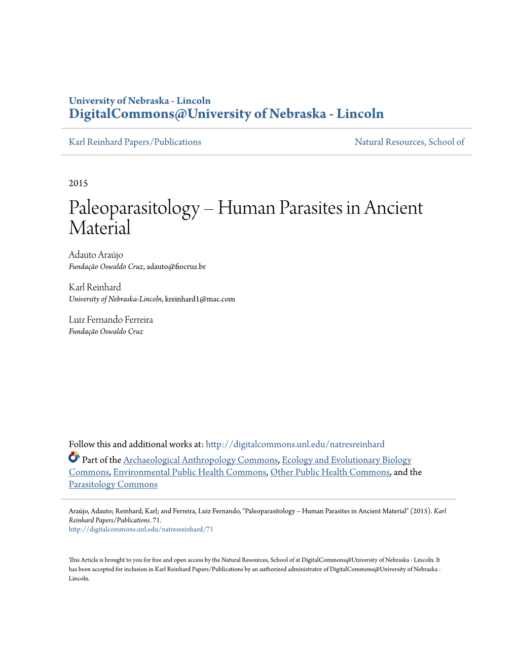 Paleoparasitology Â•Fi Human Parasites in Ancient Material