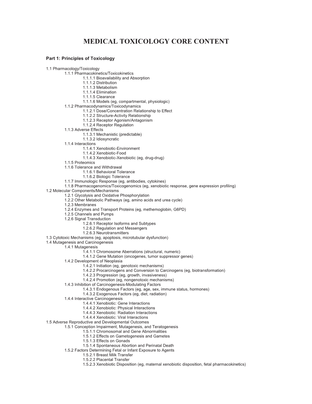 Medical Toxicology Core Content