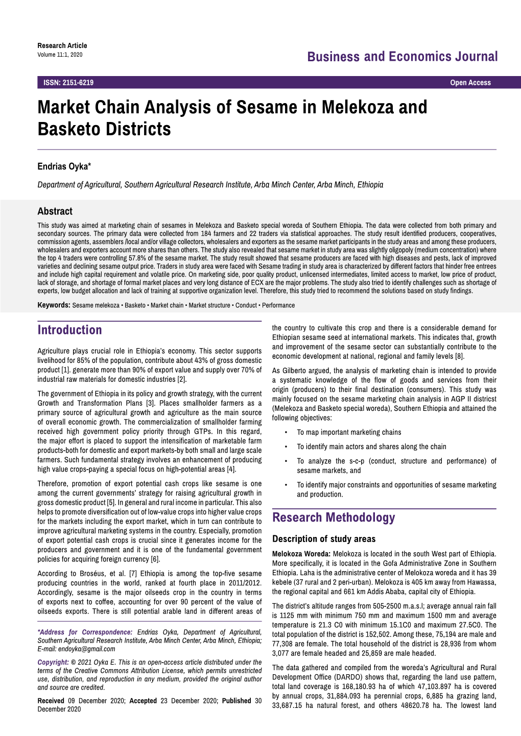 Market Chain Analysis of Sesame in Melekoza and Basketo Districts