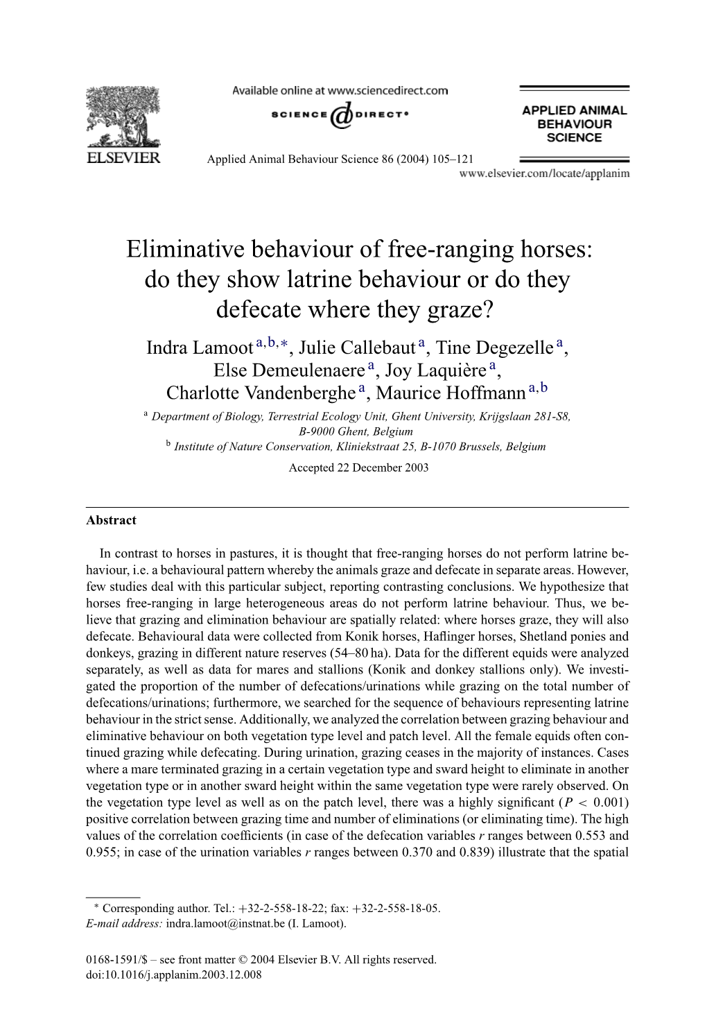 Eliminative Behaviour of Free-Ranging Horses: Do They Show Latrine