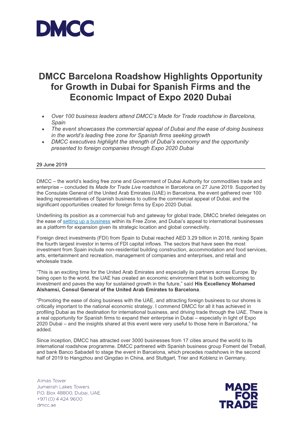 DMCC Barcelona Roadshow Highlights Opportunity for Growth in Dubai for Spanish Firms and the Economic Impact of Expo 2020 Dubai