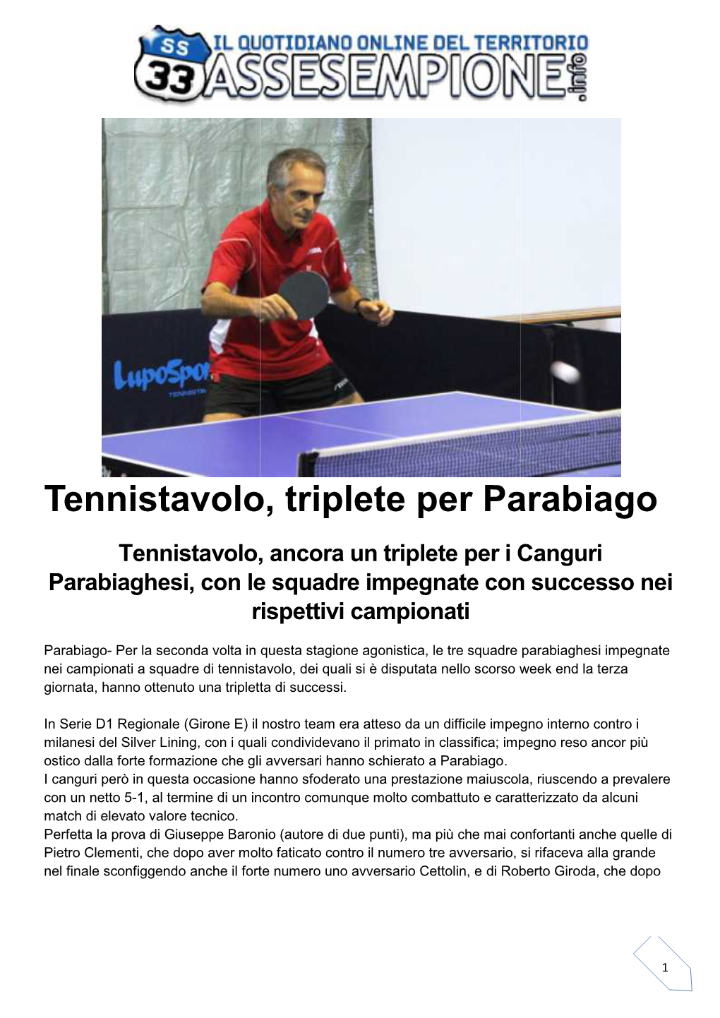 Tennistavolo, Triplete Pe Nnistavolo, Triplete Per Parabiago Lete Per