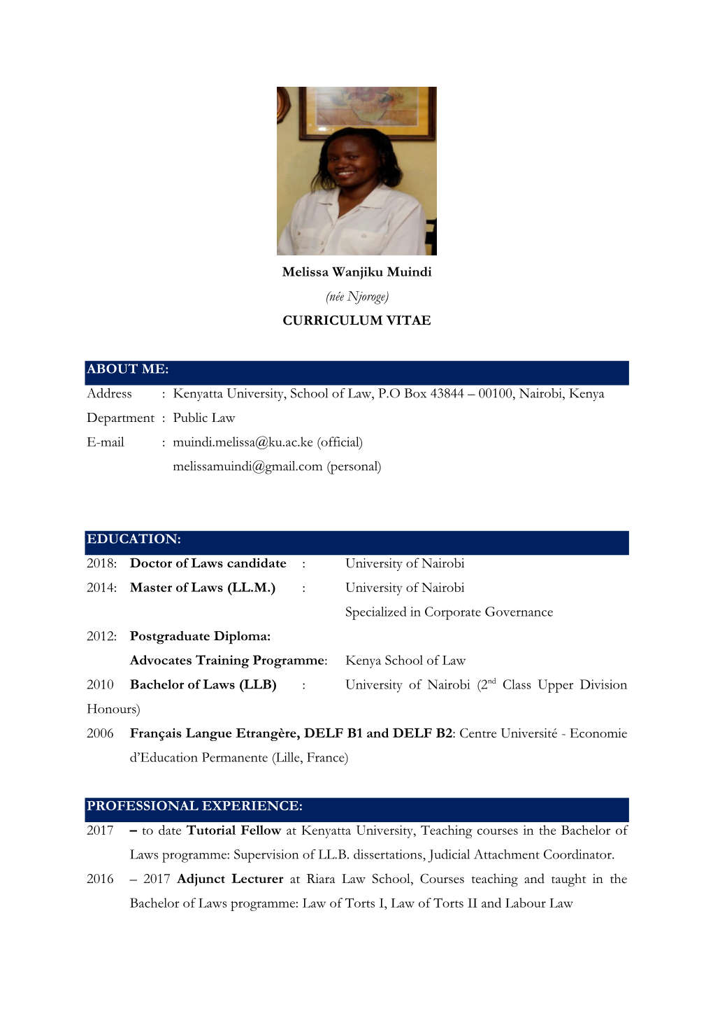 Melissa Wanjiku Muindi (Née Njoroge) CURRICULUM VITAE