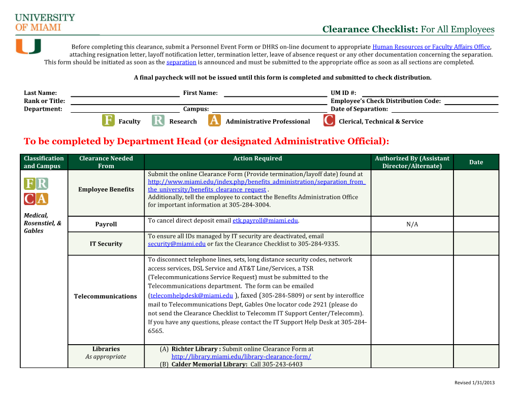 Clearance Checklist: for All Employees