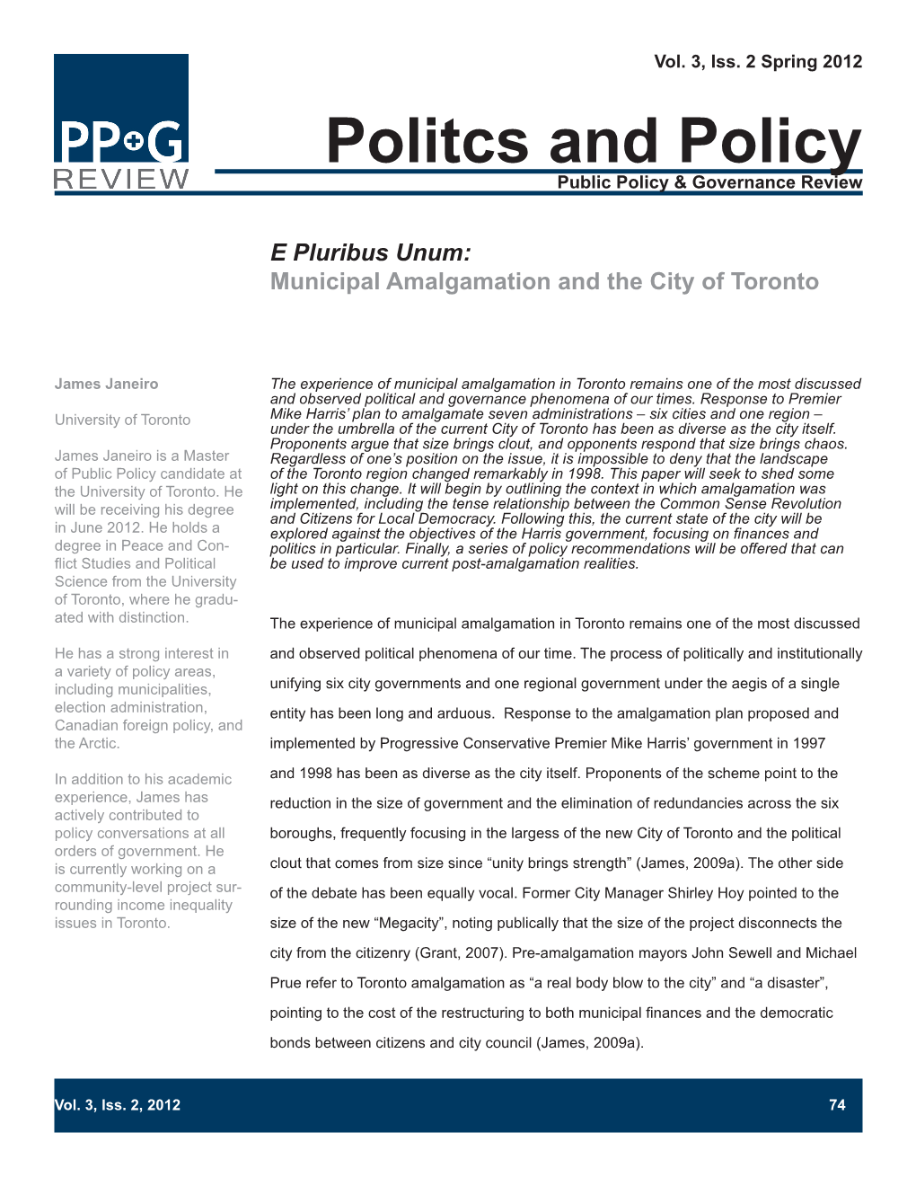 Municipal Amalgamation and the City of Toronto