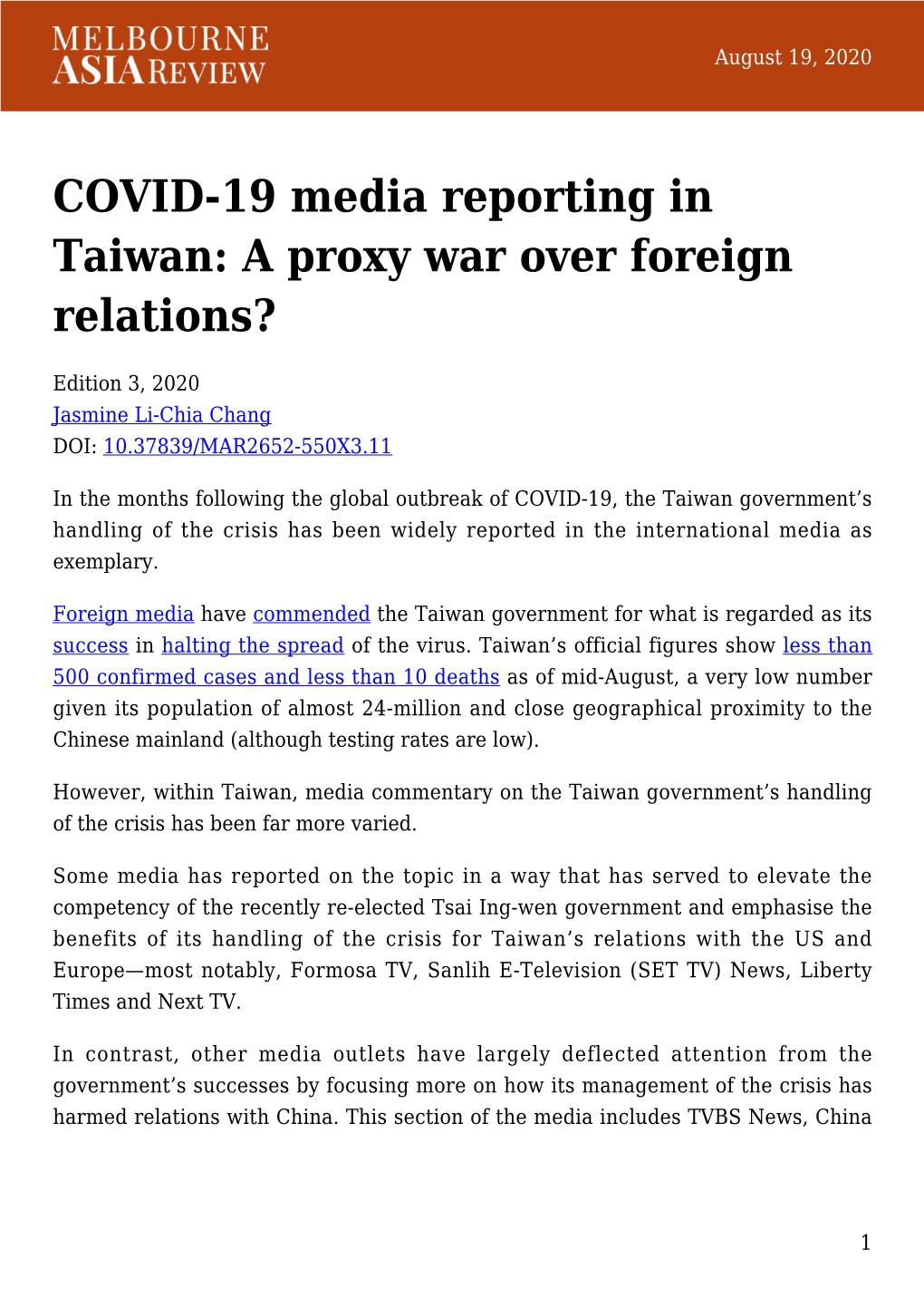 COVID-19 Media Reporting in Taiwan: a Proxy War Over Foreign Relations?