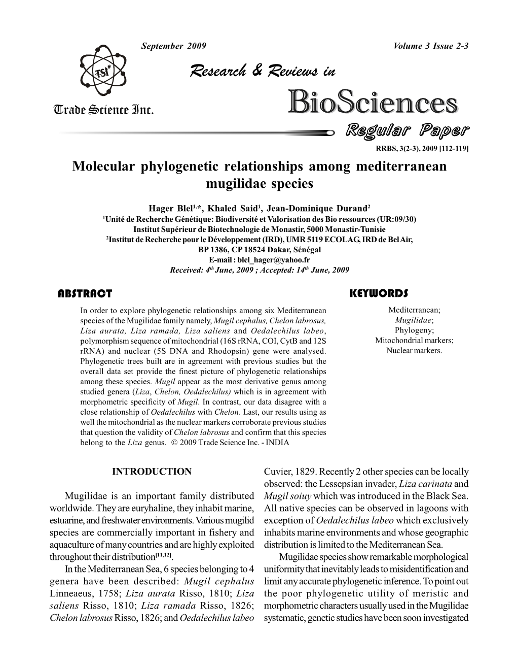 Molecular Phylogenetic Relationships Among Mediterranean Mugilidae Species