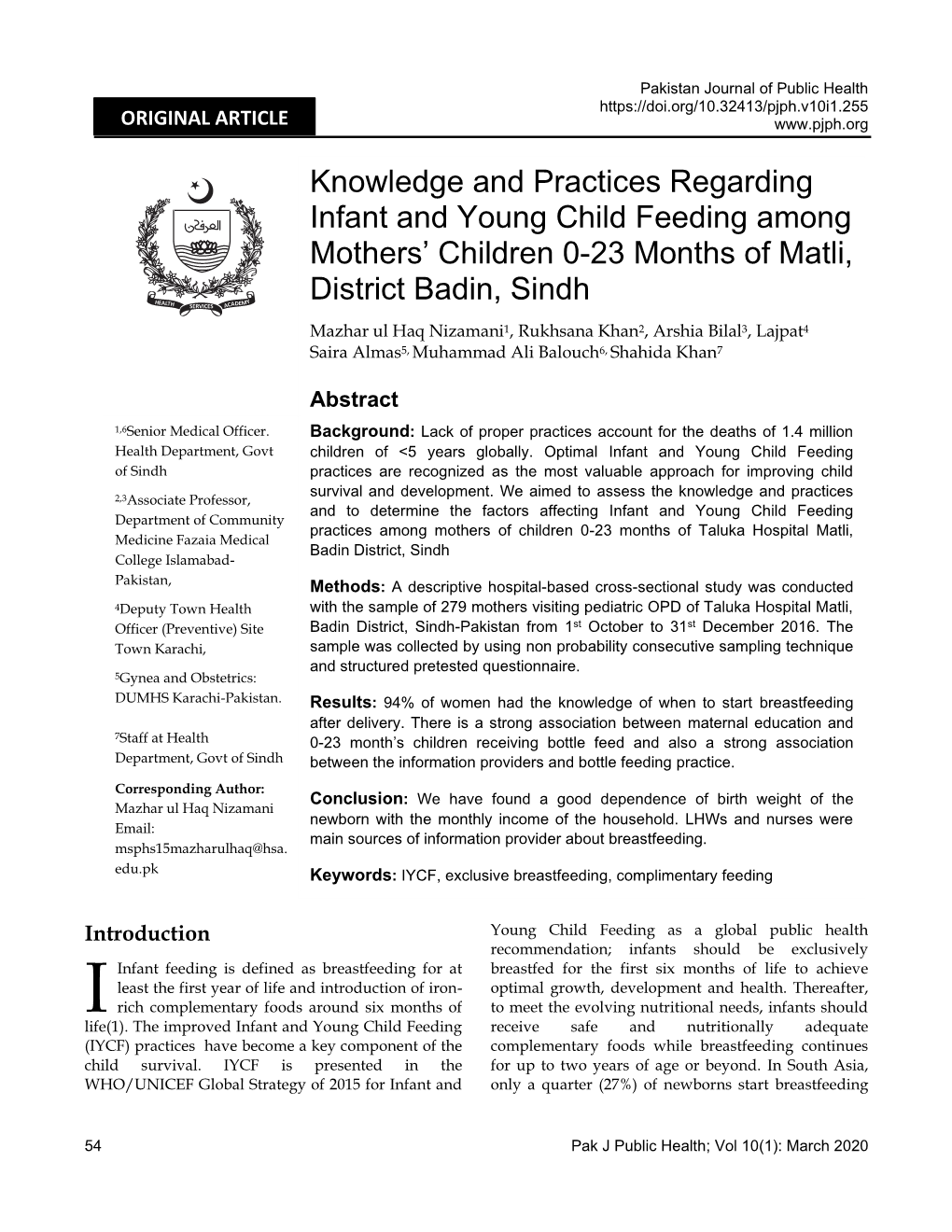 Knowledge and Practices Regarding Infant and Young Child Feeding