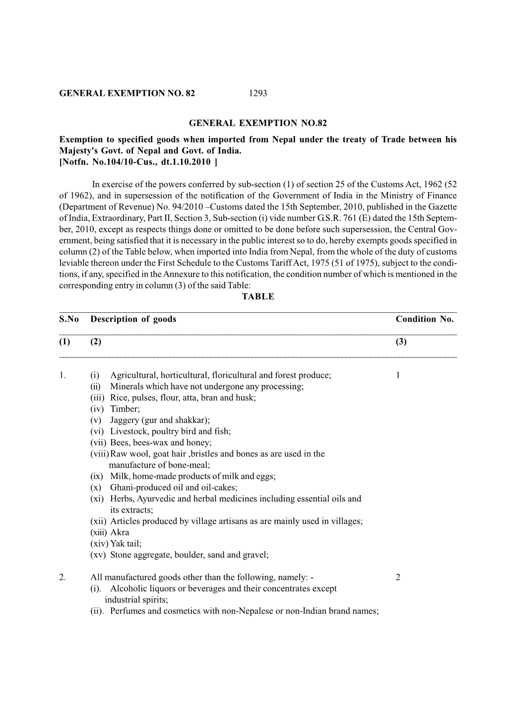 Exemption to Specified Goods When Imported from Nepal Under the Treaty of Trade Between His Majesty's Govt