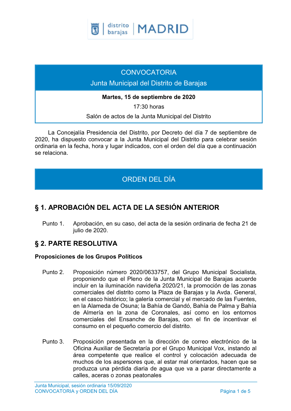 CONVOCATORIA Junta Municipal Del Distrito De Barajas ORDEN DEL